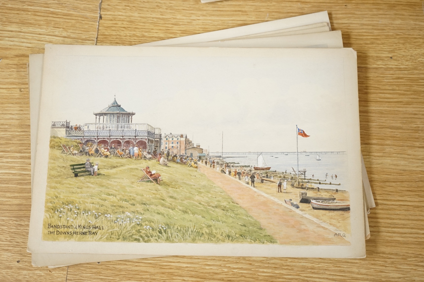 Alfred Robert Quinton (1853-1934), a set of six original watercolours for postcard designs to include St Mildred’s Bay, Westgate on Sea, On the Sands, Broadstairs and Ramsgate, each signed, unframed, 19 x 30cm